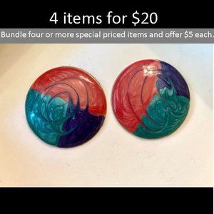 Vintage Cloisonne-Style Round Pierced Earrings Gold Metal Pink, Teal & Blue
